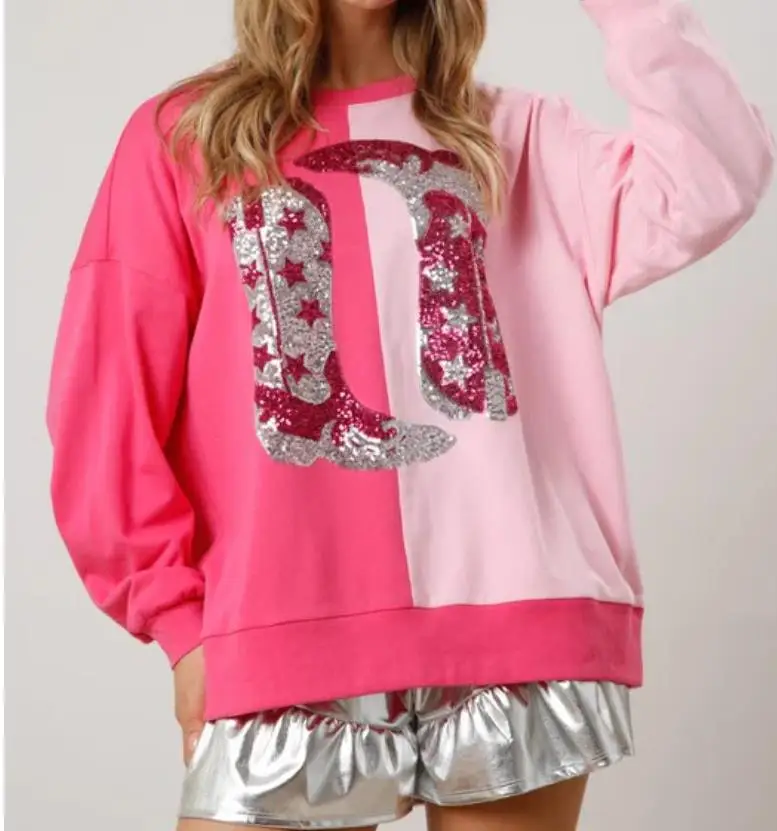 Custom Christmas atmosphere women sequin blank t shirts Sequined Boots Color Block Versatile Top Long Sleeve Sweatshirt