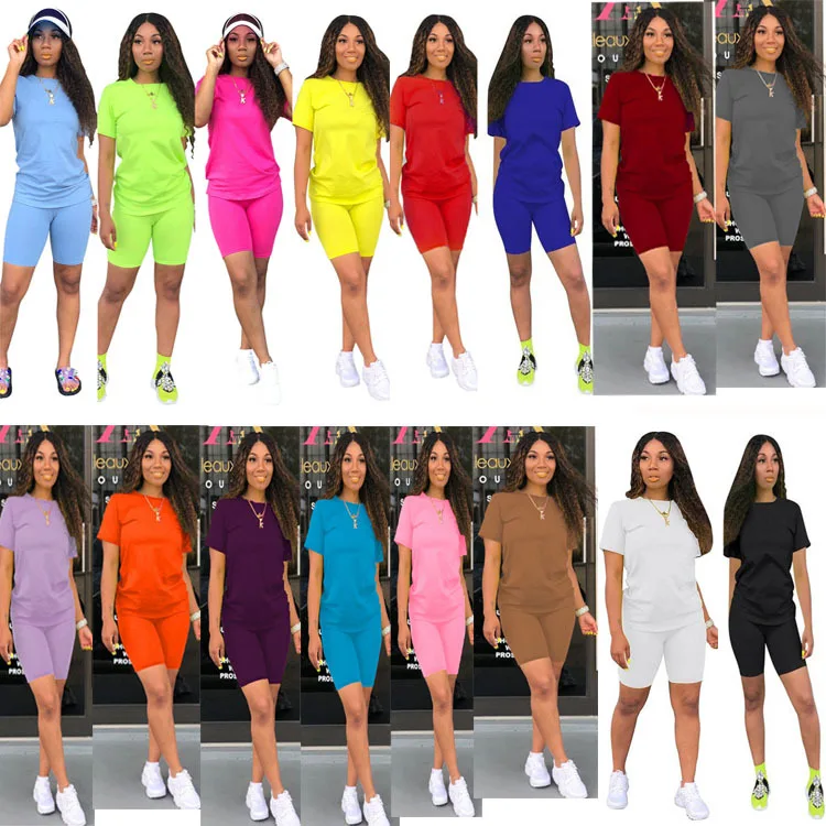 2024 Custom Printing Logo Women Summer Clothing Chill Sets O-neck Solid Color T Shirt Two Piece biker shorts sets