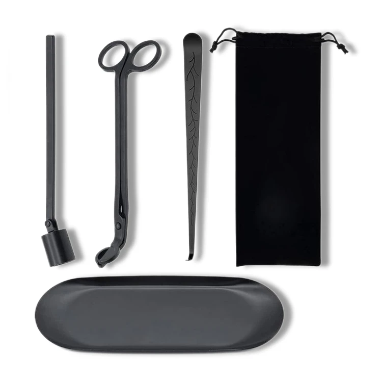 Engraved Logo 4pcs Black Candle Care Kit Wick Dipper Trimmer Tray Set With Velvet Bag