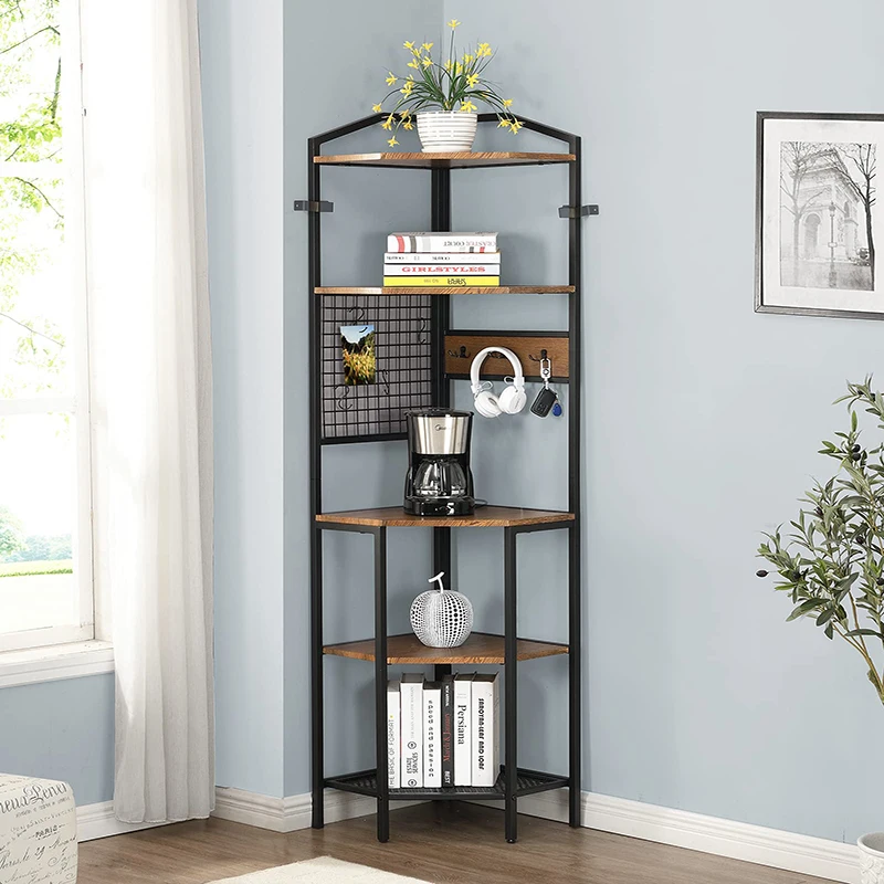 5-layer corner metal frame storage rack office wooden industrial style bookshelf bookcase