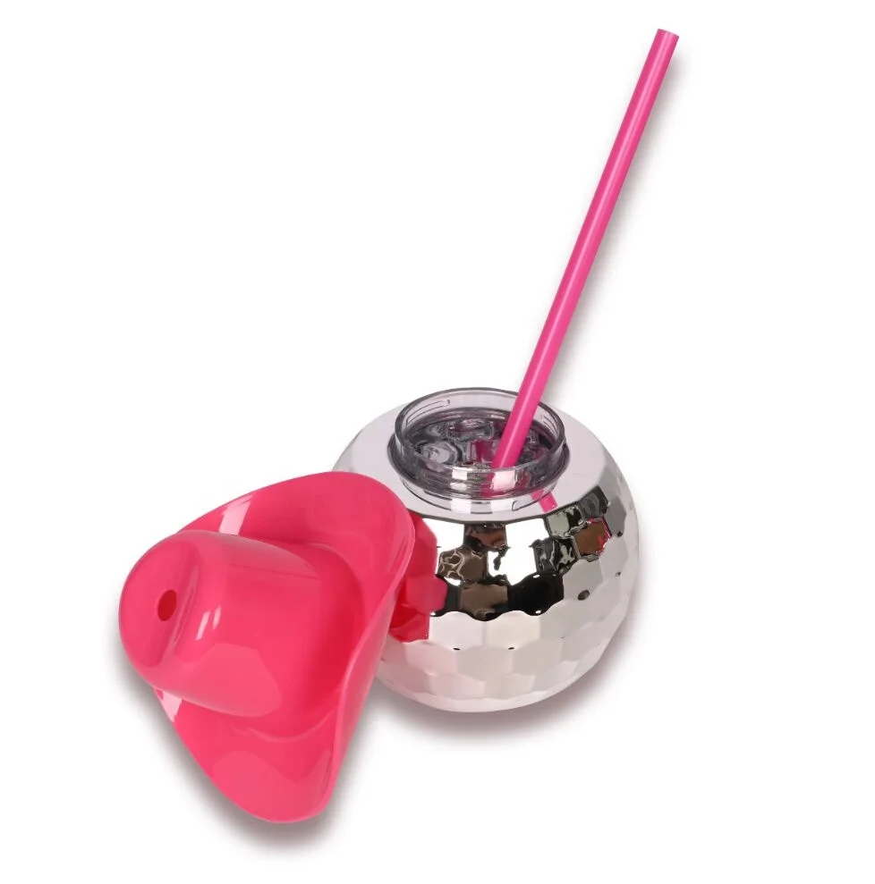 20OZ Plastic Disco Ball Cup Mirror Tumbler with Pink Cowgirl Hat Cups with Straw For Party