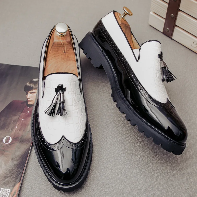 Mens Pointed Leather Shoes British Patent Leather Elongating Multicolor Business Flat Bottomed Formal Loafers Outdoor Lazy Shoes