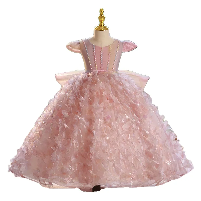 New Arrival Peach Organza Made Party Gown Princess Style Dresses Wedding Flower Girl Dress