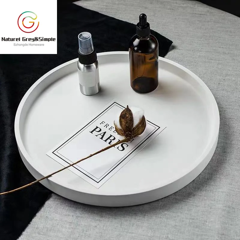 Natural Stone Matt Light Gray Concrete Cement Circle Round Platter Serving Tray