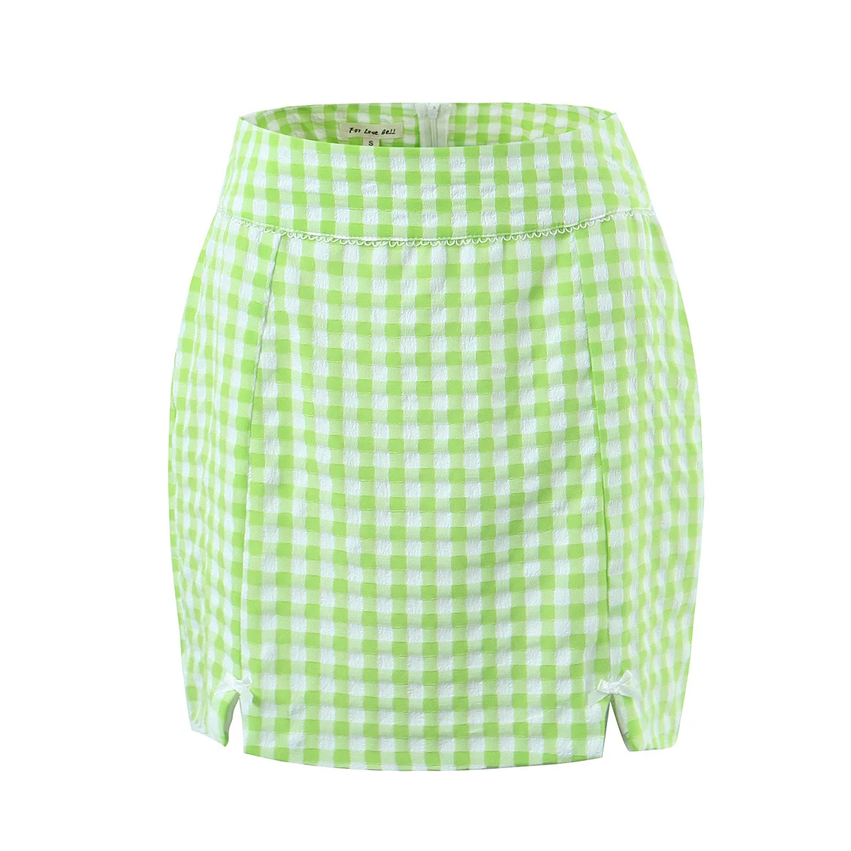 Green color front slit and bow tie back zipper casual fashion mini skirt for women