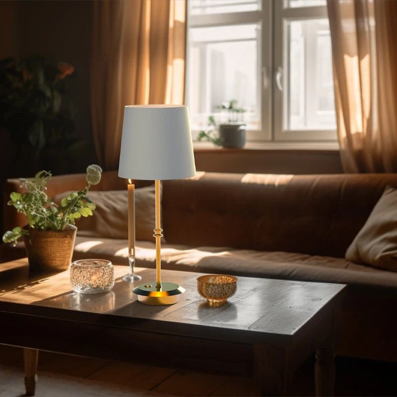 Battery Powered Gold Brass LED Table Lamp Cordless E27 Light with Fabric Shade for Modern Farmhouse Decor