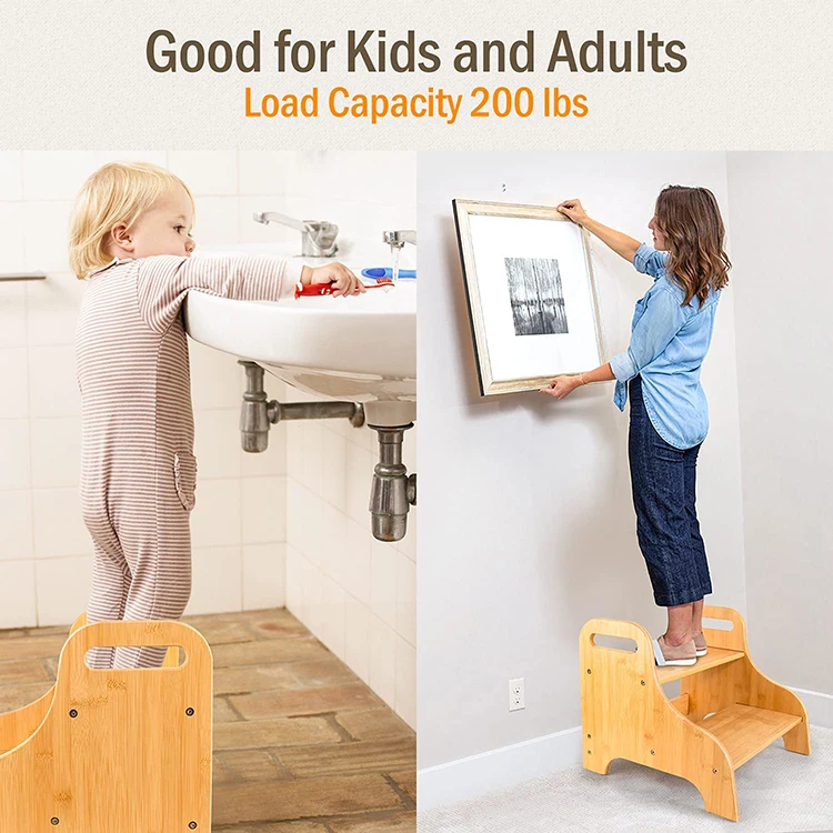 2-in-1 Portable Non-Slip Bamboo Bathroom Two Layer Step Toilet Stool with Handles for Adults Children Bamboo Toddler Step Stool
