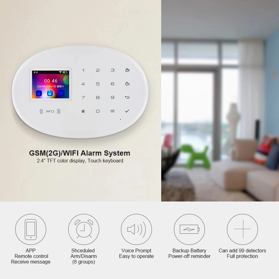 KERUI WIFI GSM Home Security Alarm System With 2.4 inch TFT Touch Panel APP Control Wireless Smart Home Burglar Alarm IP Camera