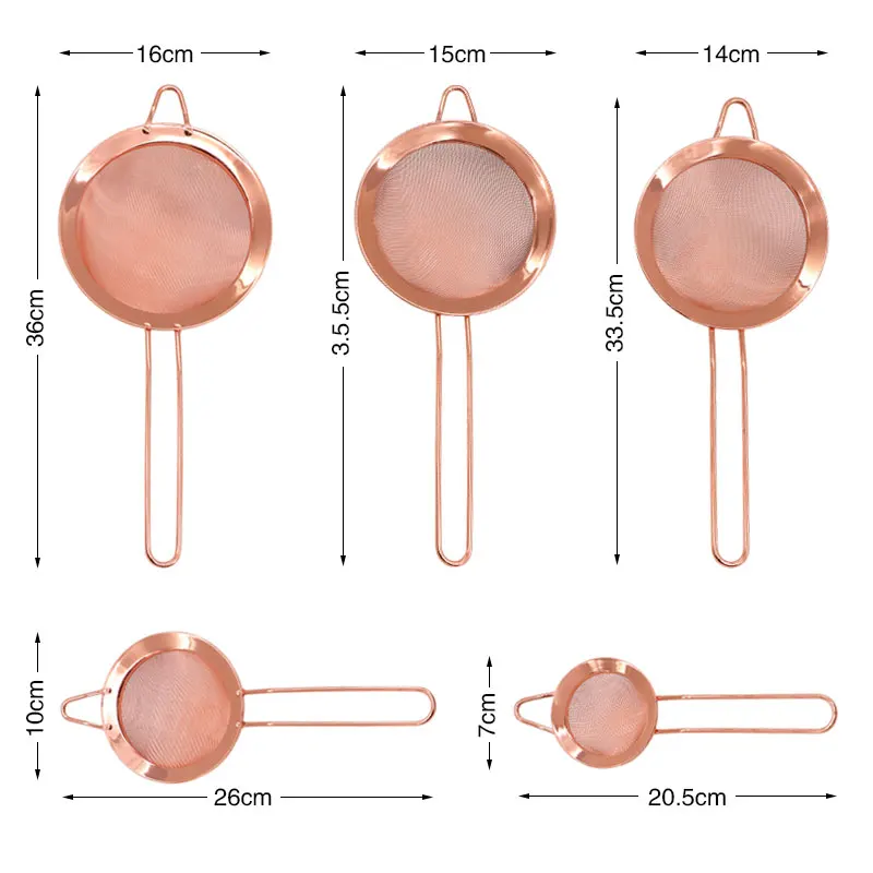Rose Gold Fine Mesh Strainer 8 Pieces Set, Copper Flour Sifter For Baking, Stainless Steel Clander