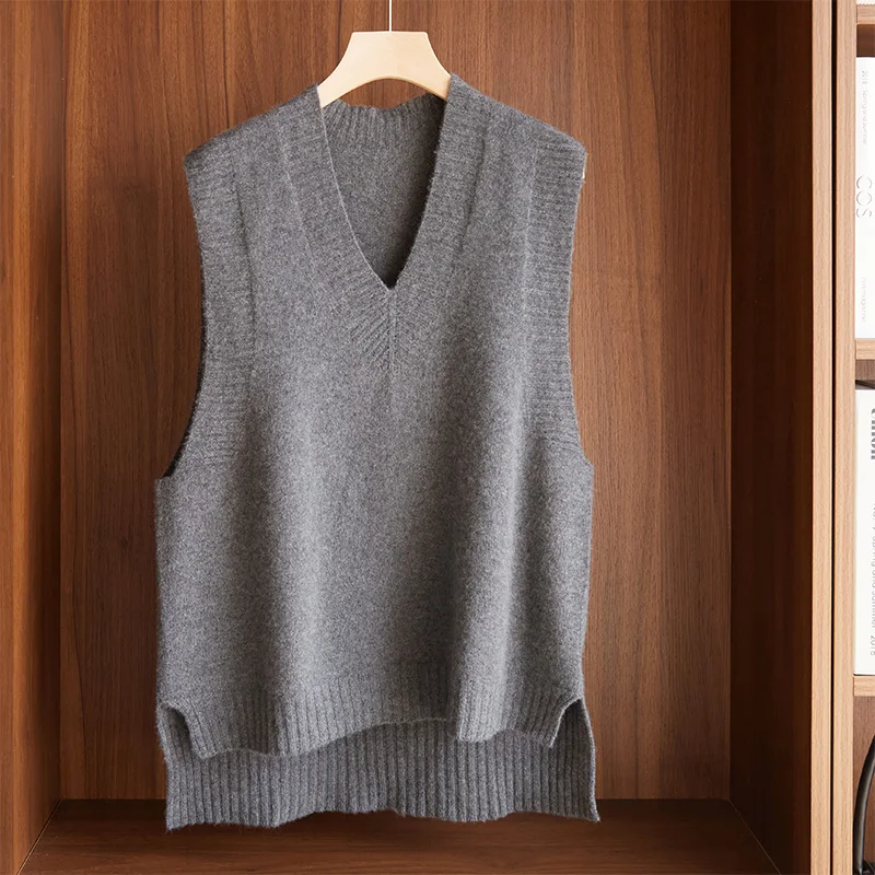 Бесшовный цельный Длинный жилет из чистого кашемира спереди и сзади, женский осенне-зимний Свободный жилет, жилет, вязаный пуловер