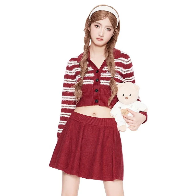 Skirt sets women 2 piece outfits button-down cardigan POLO collar long-sleeve knitted sweater for women