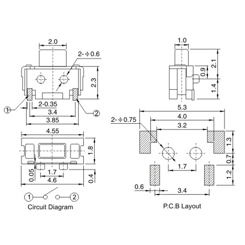 YZA-026 3*6*3.3/3.5/3.8/4.3/5MM side light push button with pillars SMD key switches