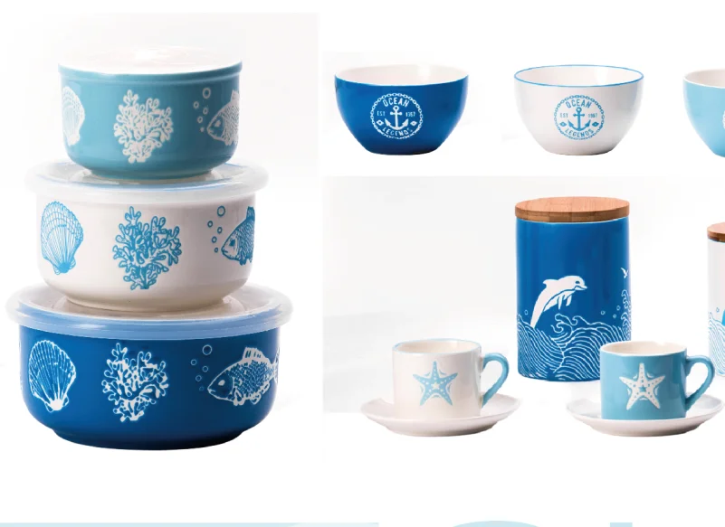 Large Embossed Design Ceramic Preservation Bowls Porcelain Salad Bowl With Plastic Lid