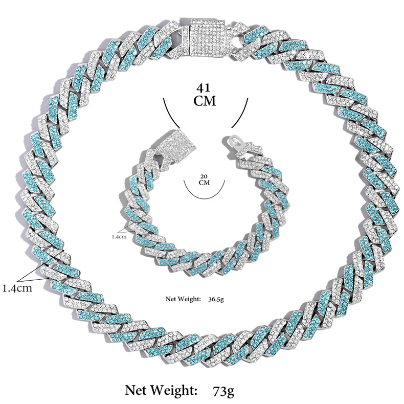 Wholesale Fashion Jewelry Hip Hop Two Tones Blue Diamond Chain Necklace Miami Cuban Chain Prong Necklace for Men