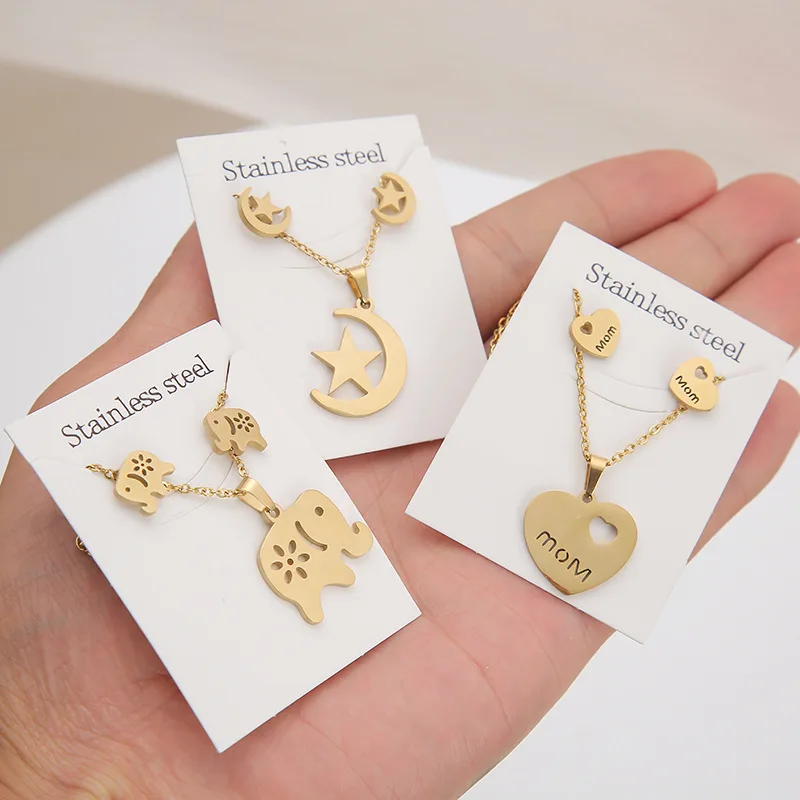 Butterfly Earnail Necklace Set Stainless Steel Geometric Shape Heart Collar Chain Two Piece Sets for Women Girls Fashion Jewelry
