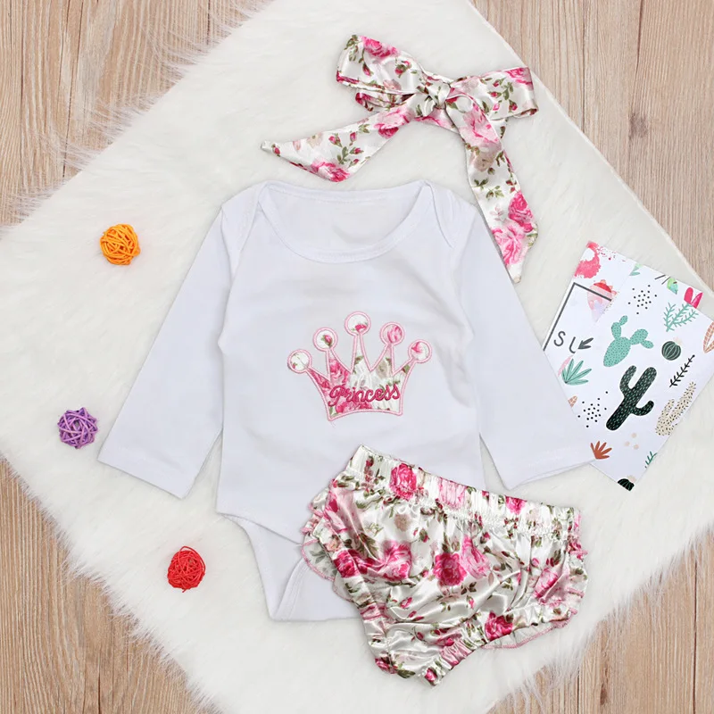 0-24M Newborn Baby Girls Clothes Set Princess Crown Bodysuit Romper Shorts Headband 3PCS Outfit Toddler Clothing Bebek Giyim