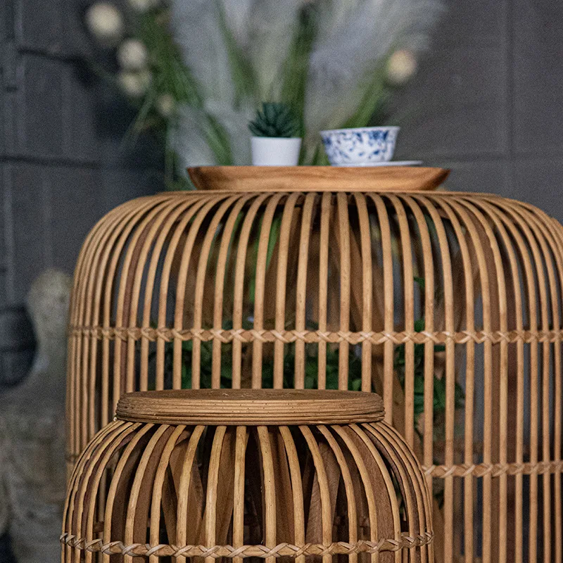 Round rattan art light luxury tea table rattan tea table bamboo woven design can receive small low table rattan stool
