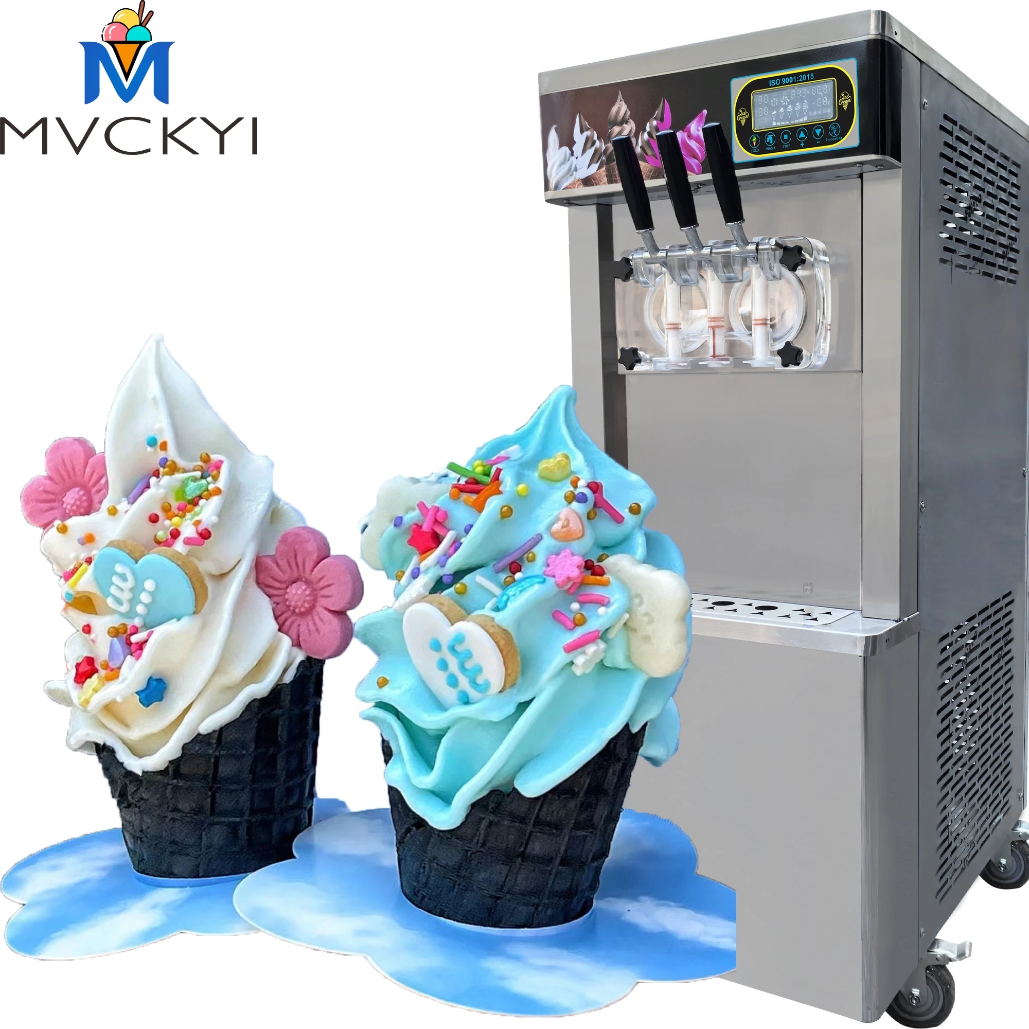 Comercial 2 + 1 Mix Flavor 3 Buracos Sundea Congelado Yogurt Freezer Soft Serve Ice Cream Maker Machine Com Bomba de Ar