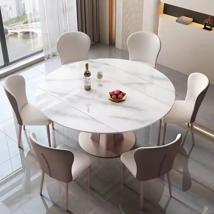 Light luxury Table Pink Marble Dining Table Set 6 Chairs Gold Metal Steel Stainless Simple Modern Furniture Round Table