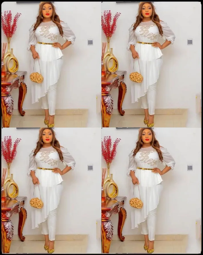 high quality african chiffon fabrics ethnic clothing dashiki hot drill stitched chiffon top straight leg trousers two piece set