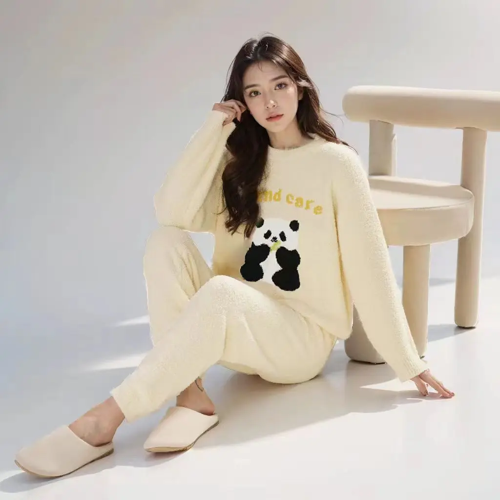 Ladies Casual Home Wear Pajamas New Spring Autumn Winter Long Sleeve Fleece-Lined Striped Suit Knitting Fabric Loose Fit Cartoon