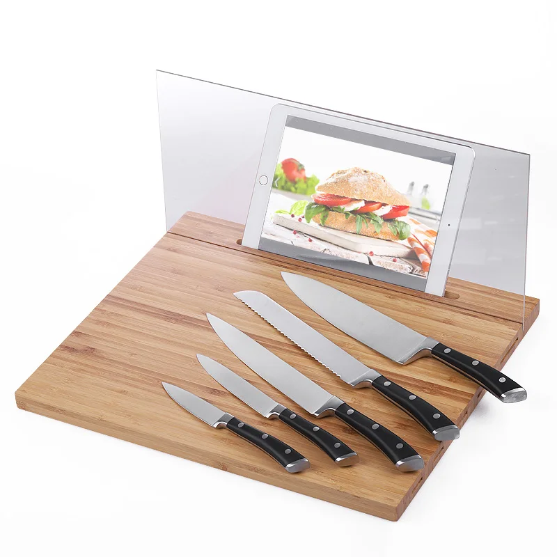 Multifunctional 3 in 1 IPad holder cut board knives holder bamboo wood chopping board with tray