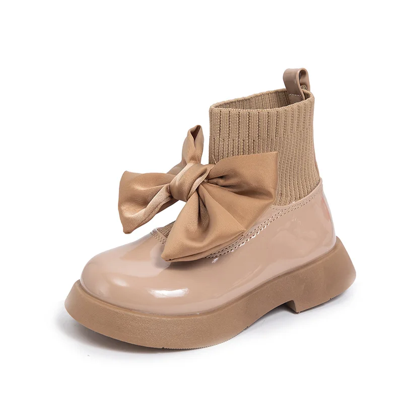 Classic sweet solid color cozy warm PU anti-slip bow princess boots trendy girl sock boots in autumn and winter