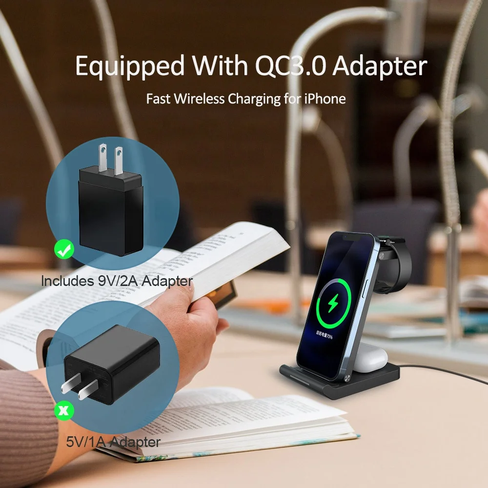 Qi/CE/FCC/ROHS RCD Certified 15W ilepo iw10 Fast Charging Holder Stand Portable foldable 3 in 1 Multifunction Wireless Charger