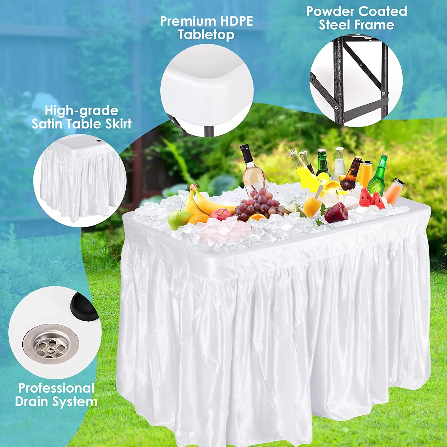 Hot selling plastic foldable Beverage Cooler Table with matching skirt for camping & party