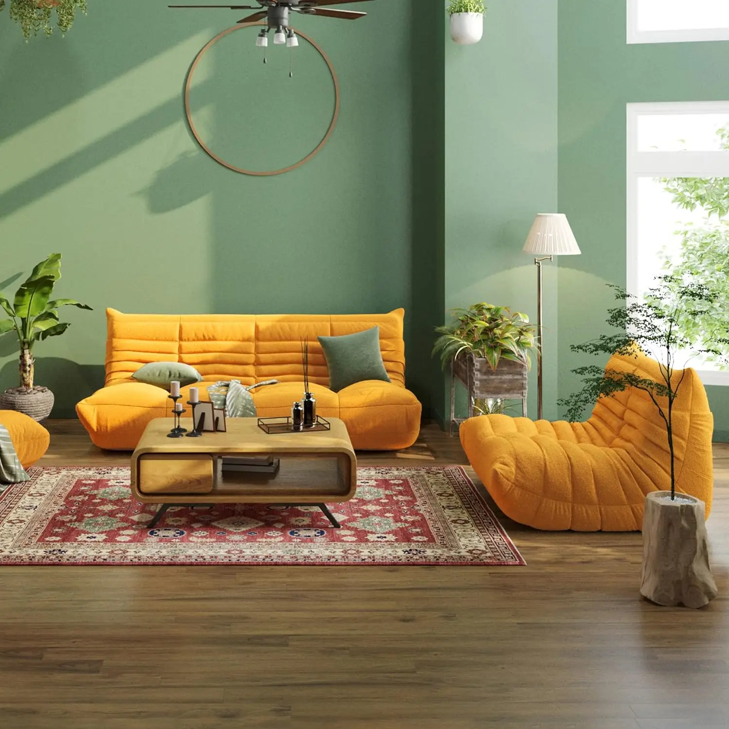 L Shape Modern Style Yellow Velvet Bean Bag Sofa Soft Lounge Accent Chair with Extendable Feature Lazy To Go Floor Sofa