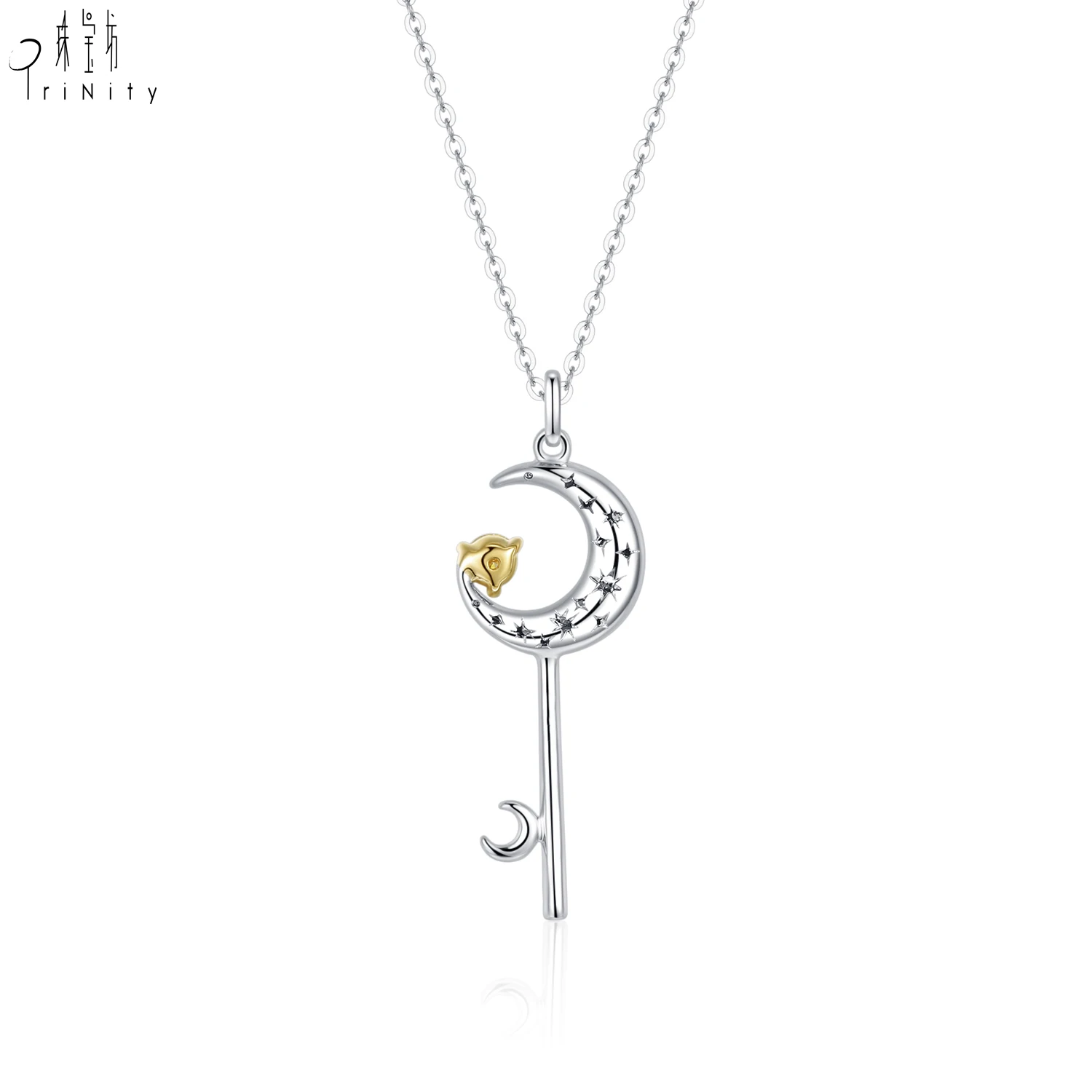 New Design  Classic Elegant Jewelry 18K Solid White Gold Natural Diamond Moon Style Pendant Necklace Jewelry  For Girls