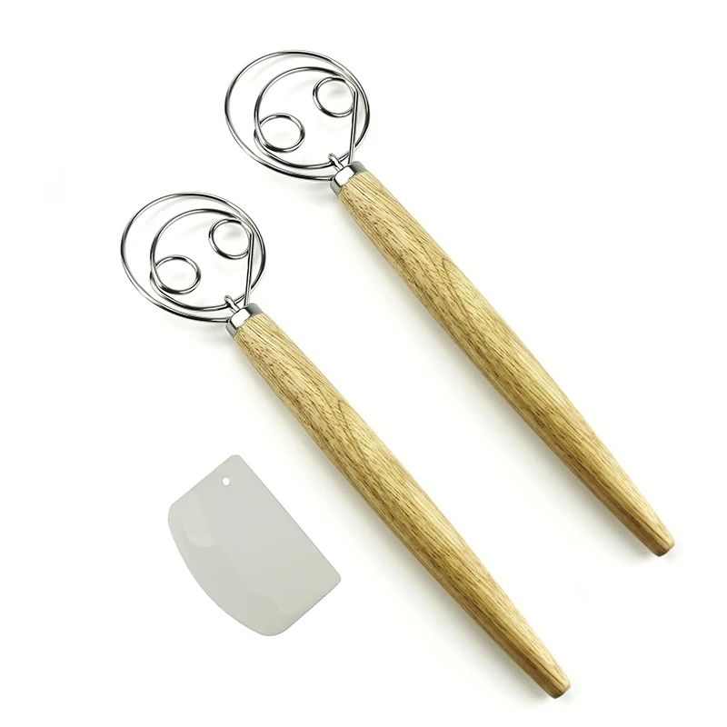 13 inch Double Eyes Stainless steel danish dough whisk set with dough scraper