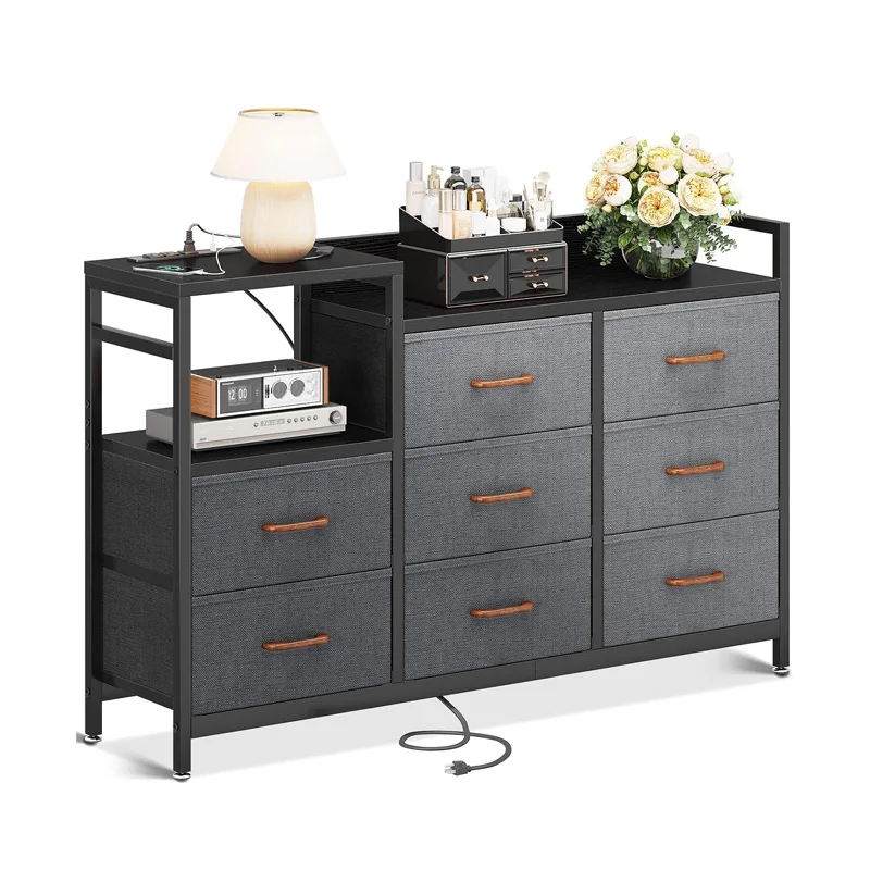 Modern Dark Grey Bedroom Charging Station Long Dresser Storage Drawers Drawers Shelves Large Fabric Dressers Chests