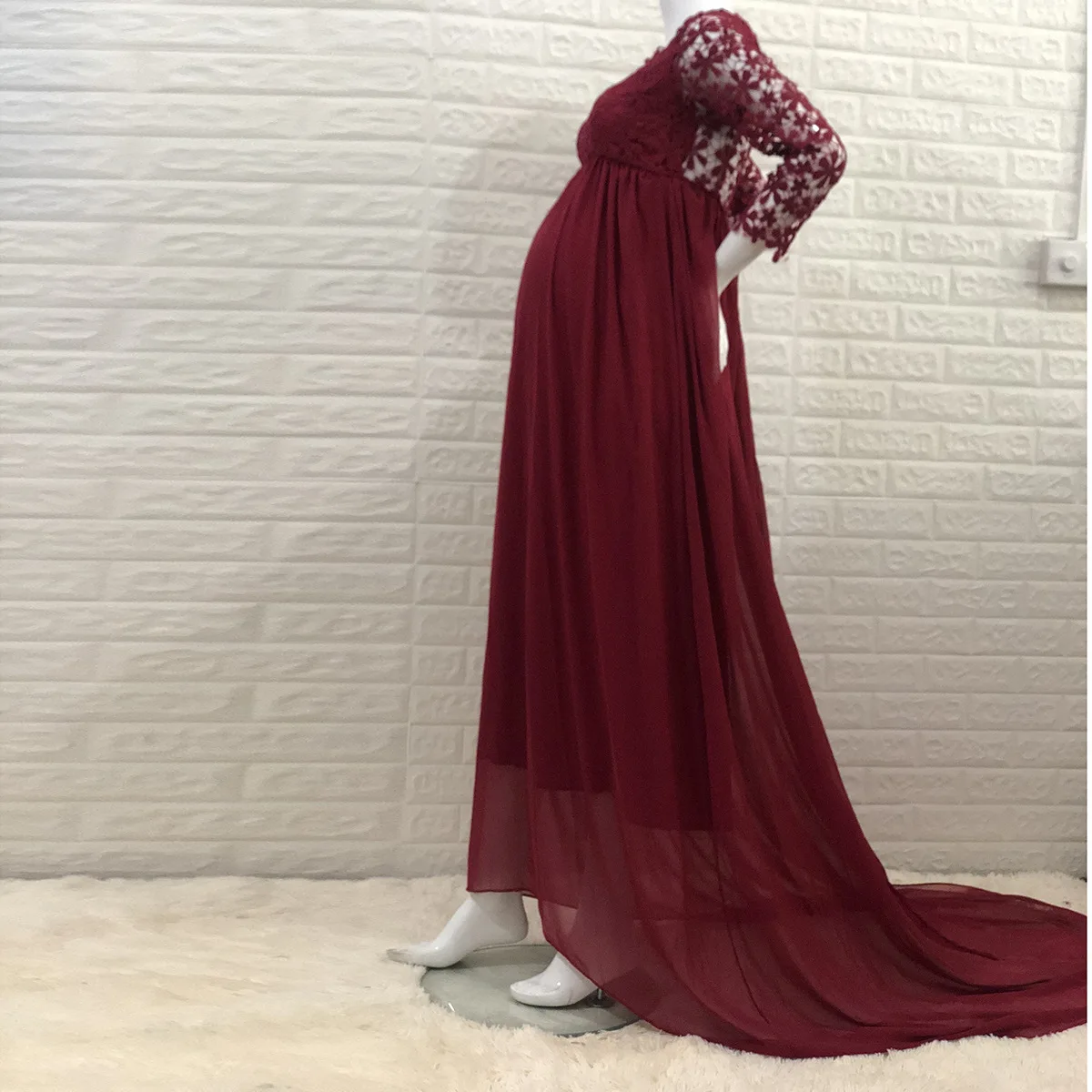 2021 USA Elegant Round Neck Long-Sleeved Flower Stitching Chiffon Mopping Dress For Pregnant Women Photo Dress Free Shipping