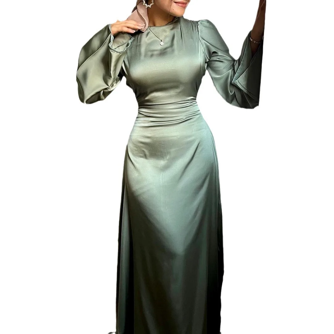 Islamic Clothing Muslim Dresses Long Sleeves A-line Swing Dress Pile Collar Satin Muslim Women Dress