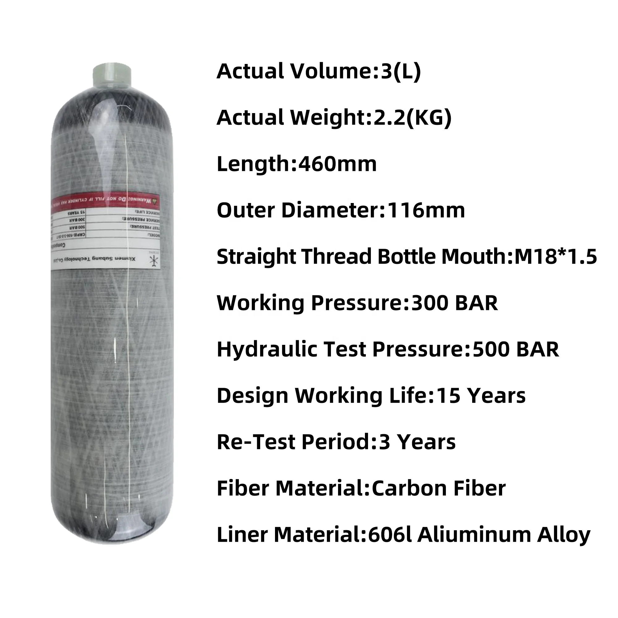 TUXING High Quality ODM Hpa 3L 4500psi 30mpa 300bar Outdoor Hunting Scuba Diving PCP Wrapped Composite Carbon Fiber Gas Cylinder