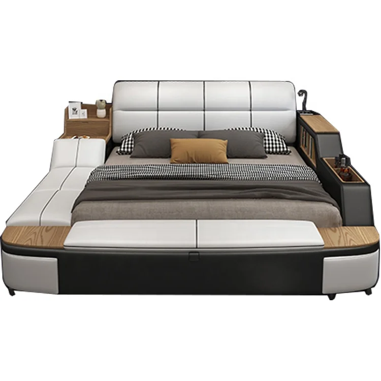 Modern Luxurious Tufted Upholstered Wholesale Multi-functional Smart Leather Bed With Massage and Tatami Double King Size Bunk