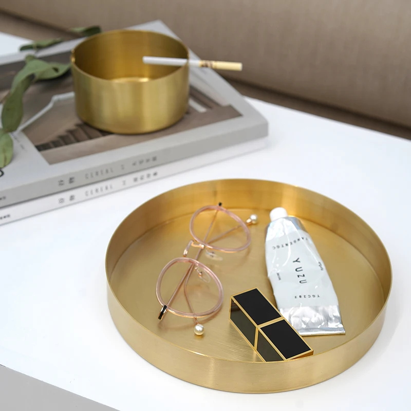 MAXERY Solid Brass Round Tray Table Organizer, Simple Gold Serving Tray Metal Decorative Tray for Perfume Jewelry Cosmetics