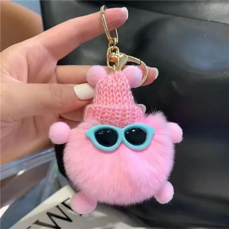 Wholesale New Cute Briquettes Plush Doll Keyring Pompom Keychains Rabbit Fluffy Fur Ball Key Chains For Women Girl Bags