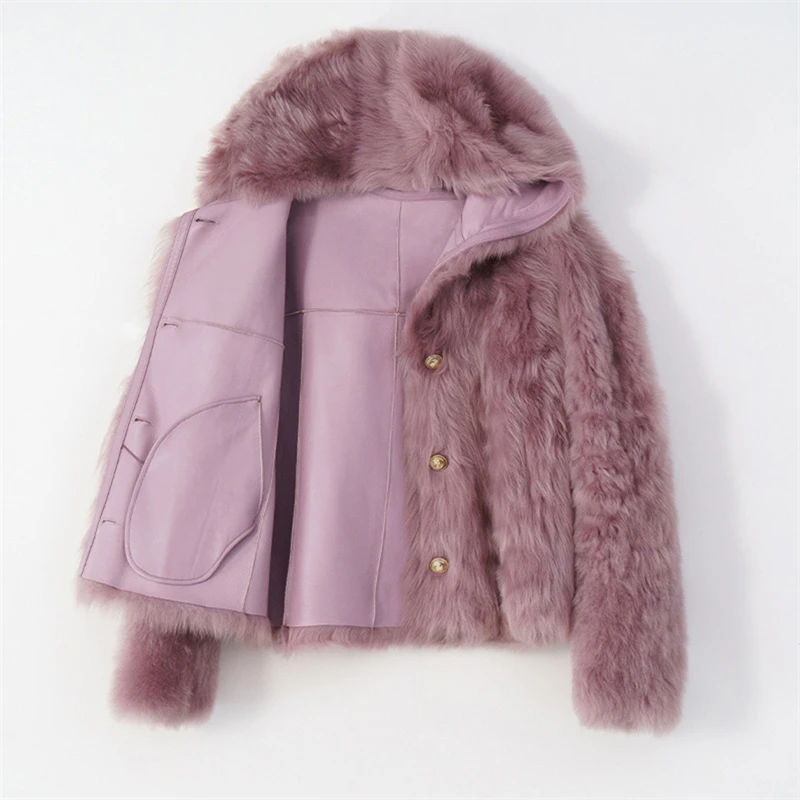 Women Warm Thick Italy Imported Tuscany Sheep Fur Double-Faced Sheepskin Leather Fur Coat With Fur Hooded