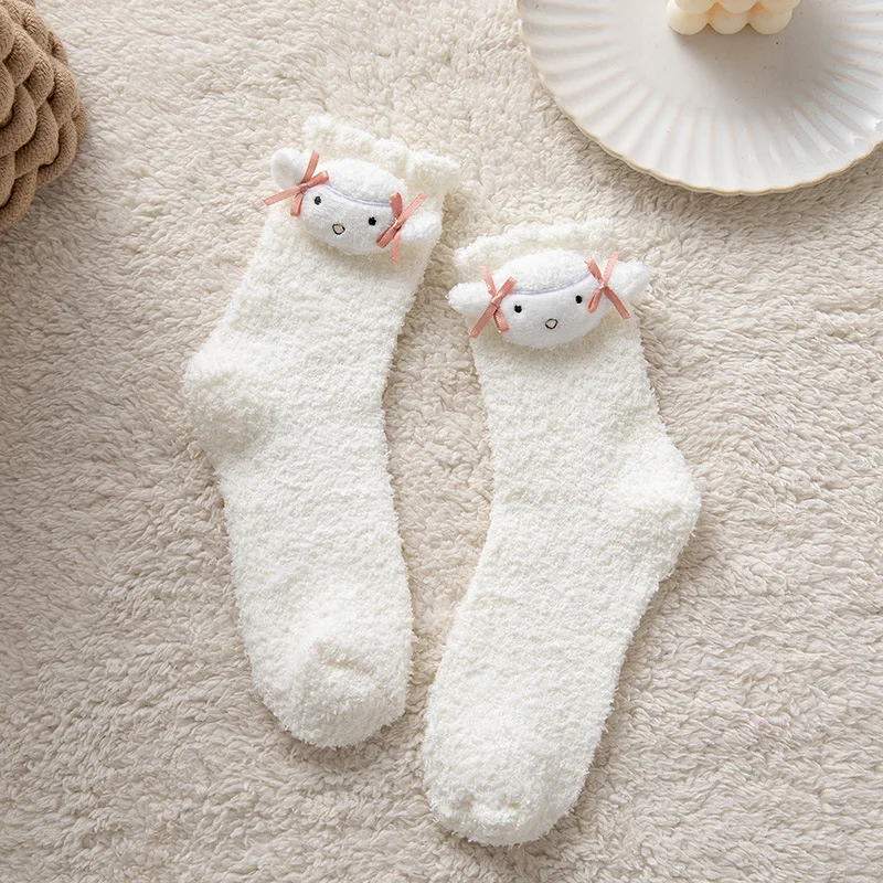 Winter Thick Warm Fleece Coral Velvet Women Fuzzy Indoor Socks Funny 3D Cartoon KT Animals Doll Women Cozy Socks Wholesale