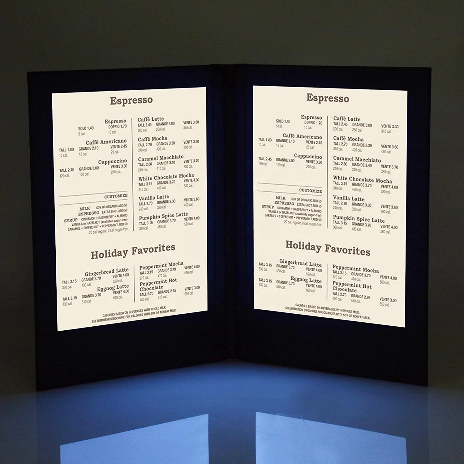 High Quality Restaurant Bar Double Page Leather Illuminated  LED Light Menu Cover Holder Book