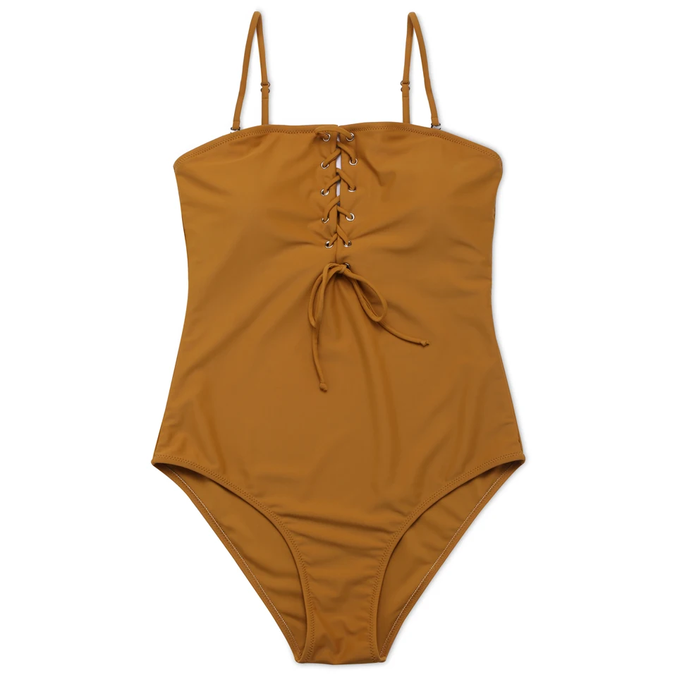 
Earth Yellow Solid Crisscross Lace Up Bandeau High Cut One Piece Swimsuit Bathing Suits Women Swimwear Bathing Suit Monokini 
