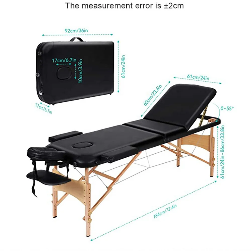 Therapy Spa Treatment Salon Adjustable 3 Folding Solid Wood Beauty Lightweight Tattoo Facial Couch Table Portable Massage Bed