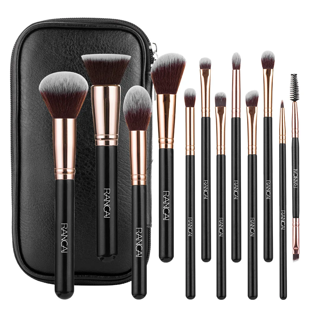 Wholesale Nylon Wooden Handle Portable Makeup Brush Set Custom Logo Luxury Vegan Black Makeup Brushes With Case