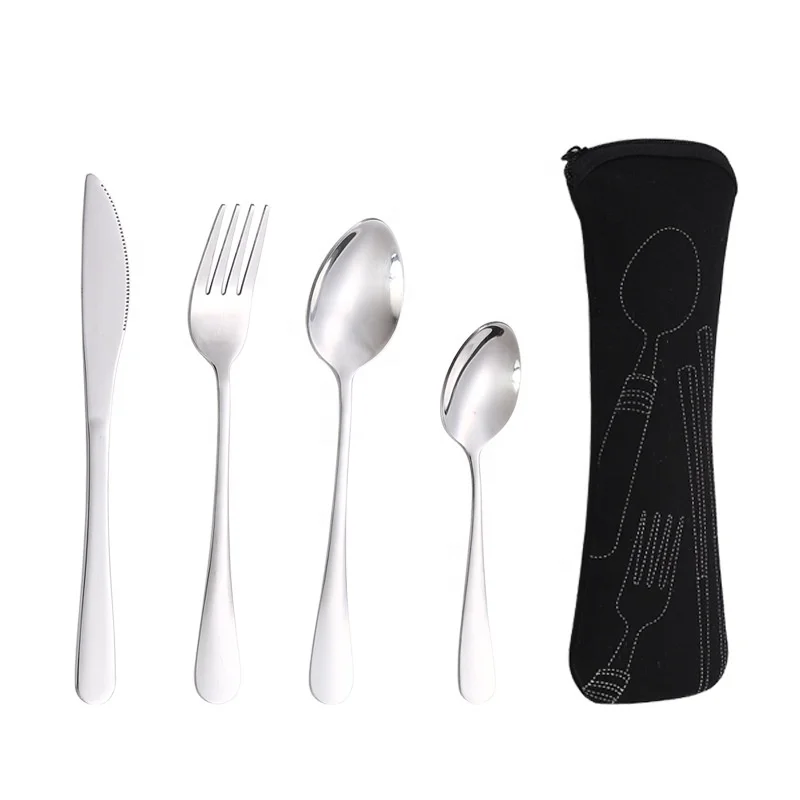 Wholesales Support Custom Logo Portable Cutlery Set Stainless Steel Camping Travel Flatware Set with Pouch