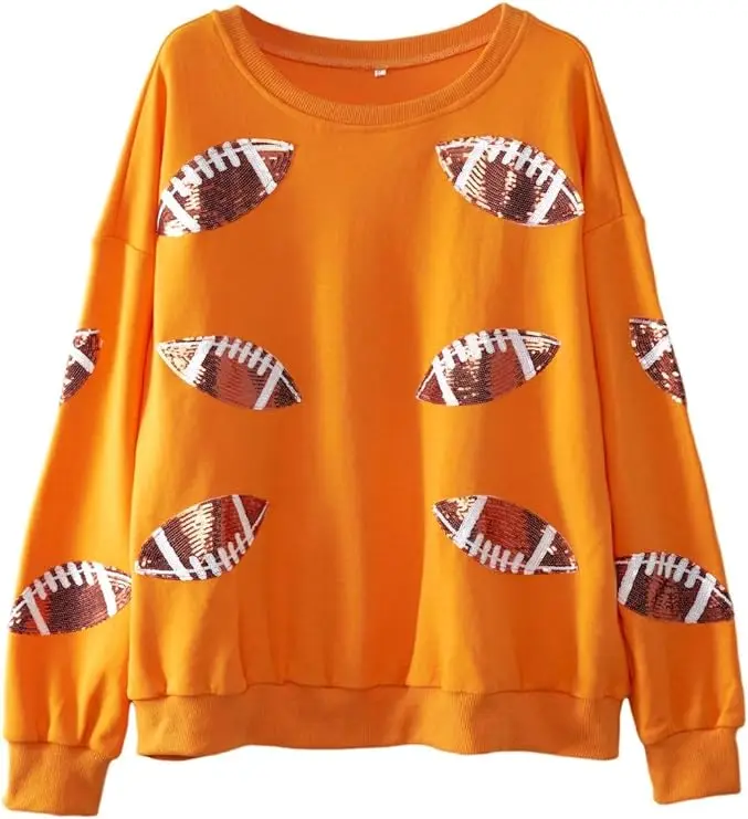 Custom Womens Football Sequin Embroidery Loose Fit Sweatshirt Casual Crewneck Pullover Long Sleeve Gameday Tops