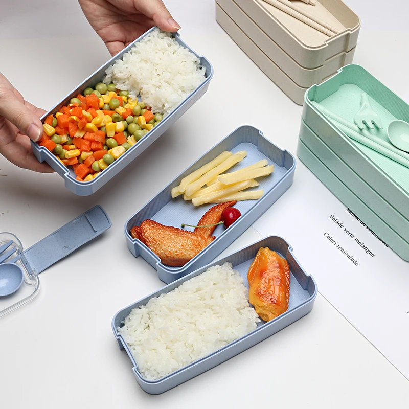 Amazon Hot Sell Wheat Straw Stackable 3 Layer Lunch Box Eco-Friendly Bento Box