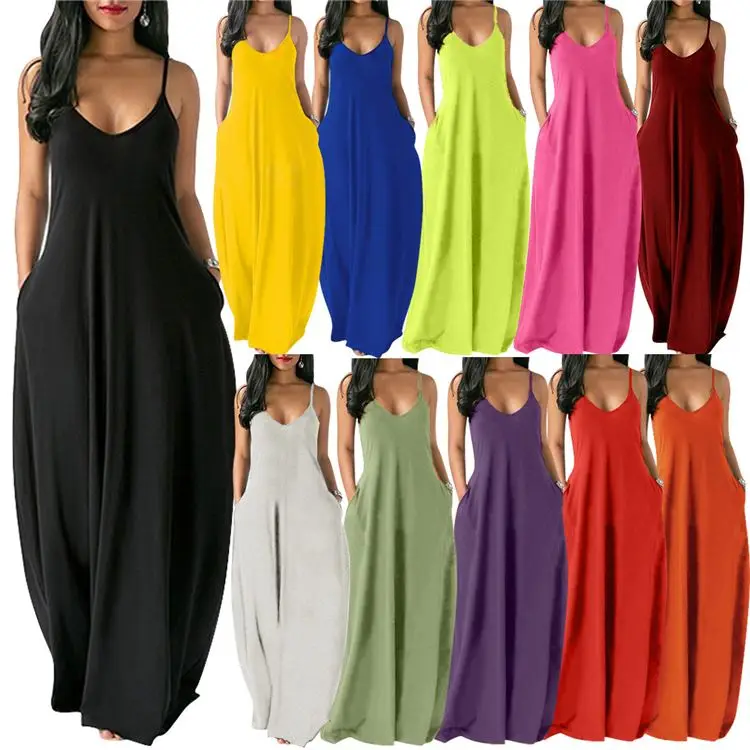Hot sell fashionable Casual Maxi  V Neck Suspender Strap Loose Pockets Ladies Solid Color sleeveless Long Dress