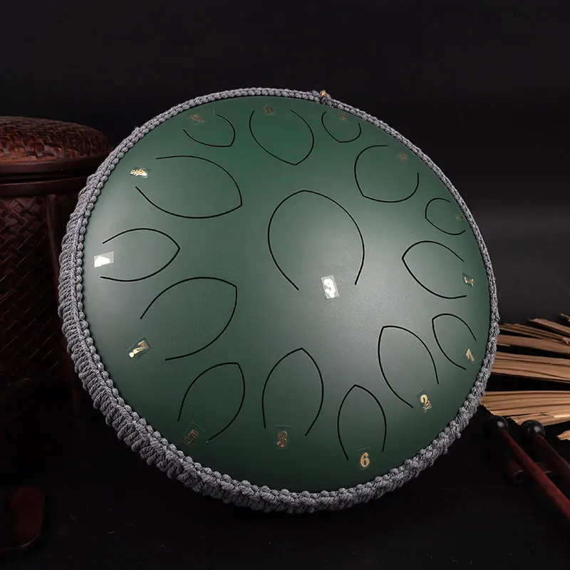Factory offer the big size  design 14 inch (35 cm) 15 tongue dark green  hank drum D key balmy drum  steel tongue drum